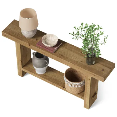 Produktbild von Tribesigns Konsolentisch Massivholz, 160 cm Langer Konsolentisch, 2 Stufiger Schmaler Bauernhaus Wohnzimmertisch für Flur, Foyer, Rustikales Braun