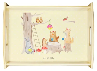 Produktbild von Mr. & Mrs. Panda tablett aus holz Waldtiere Picknick - Gelb Pastell - Geschenk, sofatablett, Fuchs, Serviertablett, Eichhörnchen, Lustige Sprüche, Wald, Hase, Sofa, Igel