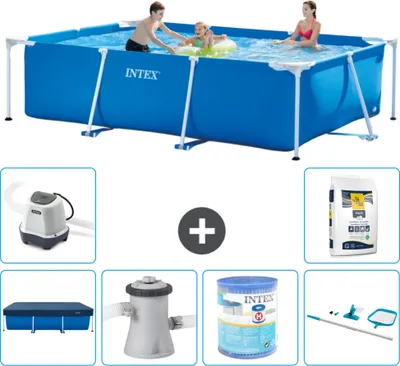 Produktbild von Intex-Schwimmbecken mit rechteckigem Rahmen – 300 x 200 x 75 cm – Blau – im Lieferumfang enthalten Abdeckung - Filterpumpe für Schwimmbad - Filter - Reinigungskit - Salzwassersystem - Poolsalz