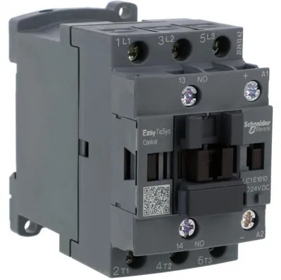 Imagen del producto de Contactador AC-3 Easy TeSys, 18 A, 3 polos (1 contacto normalmente abierto), bobina de 24 V DC, modelo LC1E1810BD