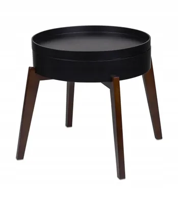 A black round table with wooden legs on a white background.