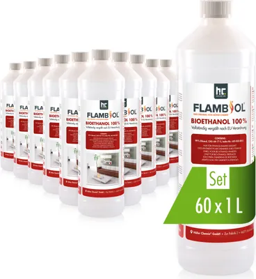 Produktbild von 60x 1 L FLAMBIOL® Bioethanol Hochrein 100 % in Flaschen für Edelstahl-Tisch-Kamine