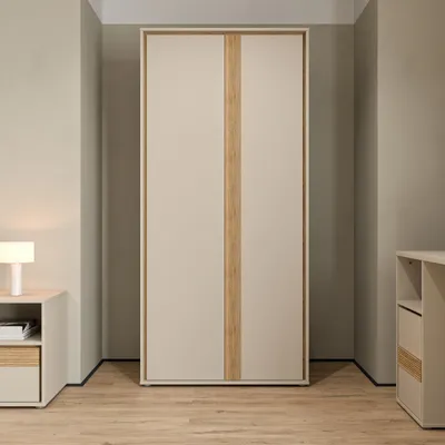Produktbild von Forte WEXLIN Kleiderschrank 90 95, moderner Schrank mit 2 Drehtüren, Kinder- und Jugendzimmer, Holzwerkstoff, Kaschmir|Beige|Mauvella Eiche Holzdekor, 91,3 cm breit x 193,7 cm hoch x 60 cm tief