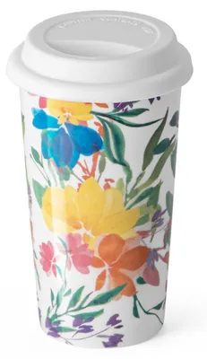 Image de Tasse à café isotherme, 340 ml, en céramique, motif floral, avec couvercle, double paroi