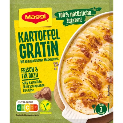 A package of Maggi Fix for Potato Gratin with a picture of the finished dish.
