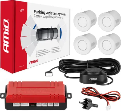 Produktbild von Einparkhilfeset mit 4 weißen Sensoren und Buzzer AMIO-01568