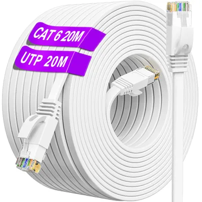 Obrázok produktu pre Ethernetový kábel 20 m, Cat 6, vysoká rýchlosť, biely, plochý, RJ45, internetový kábel