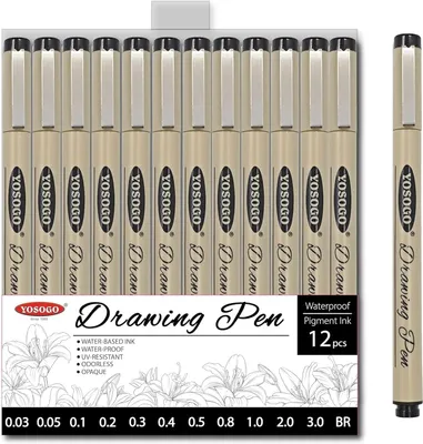 Productafbeelding van Set tekenpennen, 12 fineliners en penseelpennen, verschillende kleuren, voor kunstenaars