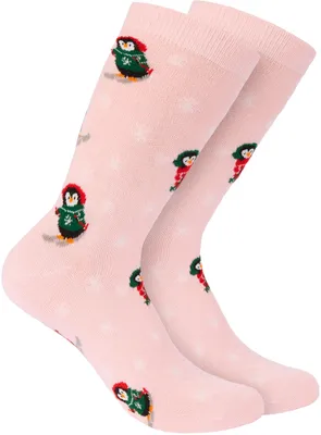 Produktbild von BRUBAKER Vánoční ponožky z bavlny pro muže a ženy - Ski Penguins Pink - teplé bavlněné ponožky - vánoční - velikost 35-40, 1 pár