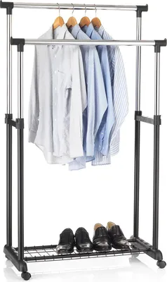 Produktbild von Garderobenwagen GROSSO Kleiderständer Rollgarderobe Garderobenständer , mit Schuhablage, 2 Kleiderstangen, höhenverstellbar, Metallrohr verchromt, in schwarz