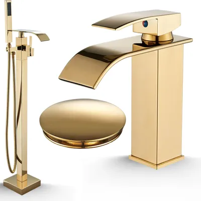 Immagine prodotto di Rubinetto da bagno Ari, miscelatore vasca freestanding in ottone, beccuccio girevole 360 gradi, finitura oro lucido
