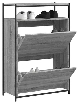 Image de Étagère à chaussures en bois gris moderne - 75x34x112 cm, avec 3 étagères ouvertes, idéale pour l'entrée