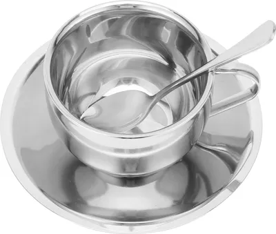 Zdjęcie produktu dla Kubek do kawy ze stali nierdzewnej z dwuwarstwową izolacją Kubek na mleko z łyżeczką i spodkiem (srebrny 180 ml)