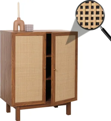 A wooden cabinet with rattan doors, decorated with a candle and a decorative object on top. A close-up of the rattan weave is shown in a magnifying glass.