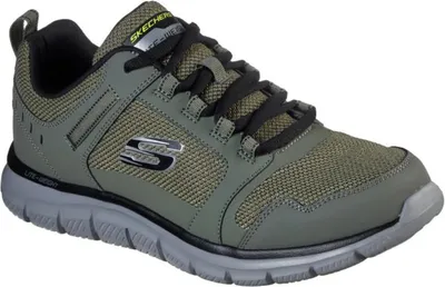 A studio shot of a single green Skechers sneaker.