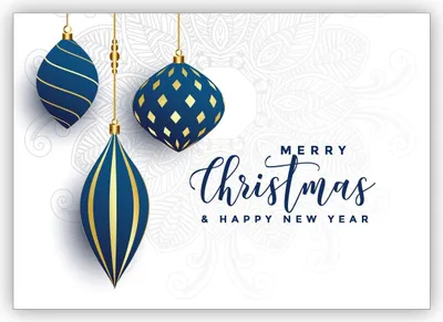 Produktbild von Edle blau weiße Weihnachtskarte mit Weihnachtskugeln: Merry Christmas & happy new year