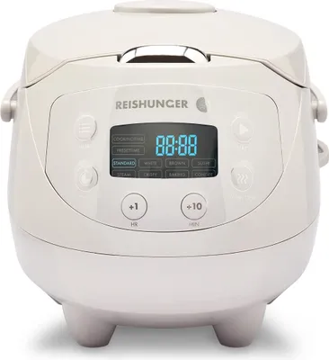 Produktbild von REISHUNGER Digitaler Reiskocher klein, grau - 0,6 L bis 3 Personen - Warmhaltefunktion, Timer & Premium Topf