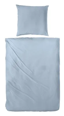 A light blue duvet cover and pillowcase are laid out flat on a white background.