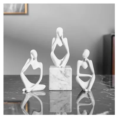 3er-Set abstrakte Denker-Statuen aus weißem Harz, Skulpturen für Dekoration