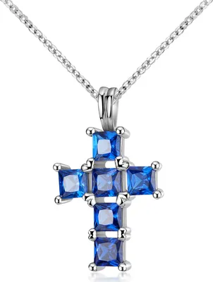 Image de Pendentif croix en argent 925 MATERIA, rhodié bleu - Pendentif en zircone pour femme et fille, collier KA-238