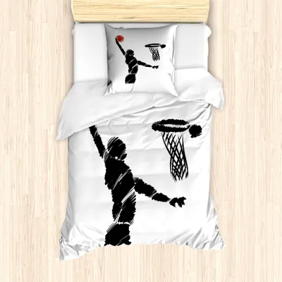 Produktbild von ABAKUHAUS Jugend Bettbezug Set für Einzelbetten, Basketball-Spieler-Grafik, Milbensicher Allergiker geeignet mit Kissenbezug, 135 cm x 200 cm - 80 x 80 cm, Zimt Schwarz Weiß