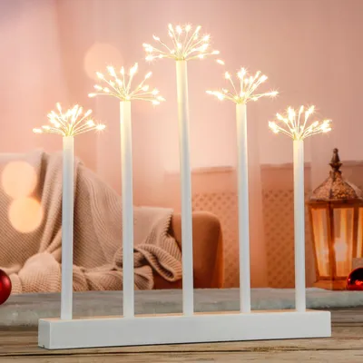 Produktbild von LED Fensterleuchter mit Sterneneffekt - 5 Stäbe mit je 20 warmweißen LED - Batteriebetrieb - weiß