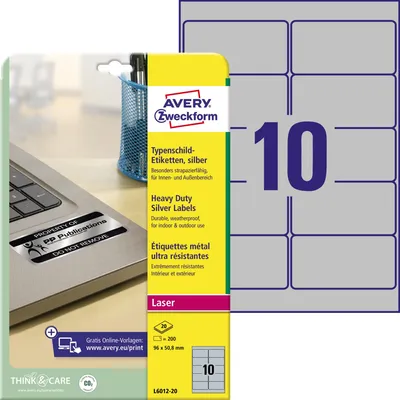 Obrázek produktu pro Avery L6012-20, Stříbrná, Zaoblený obdélník, Permanentní, 96 x 50.8 mm, A4, Polyester