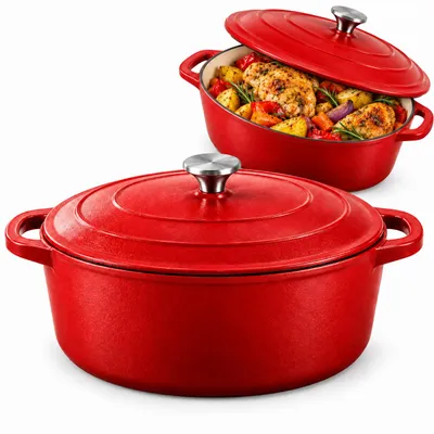Produktbild von Gusseisen Bräter Oval 28,5 cm 4L mit Deckel, emailliert, backofengeeignet bis 250°C, Rot