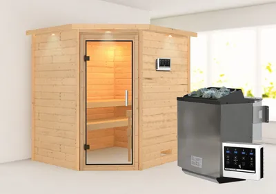 Produktbild von Karibu Sauna Innensauna Mia Eckeinstieg  Ofen 9 kWexterne Strg easy 224x184x202 cm mit Dachkranz  mit Klarglastür