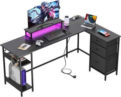 Produktbild von L-förmiger Eckschreibtisch, 168×103 cm, mit Schubladen, Steckdose und USB-Anschluss, geräumiger Computertisch mit Stauraum für Homeoffice