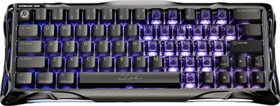 A close-up, angled view of a gaming keyboard with purple backlighting.