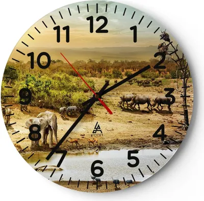 Produktbild von Wanduhr - Rund - Glasuhr - Safari Tiere - 30x30cm - Schleichendes Uhrwerk - Lautlos - zum Aufhängen bereit - Dekoration Modern - Wanddekoration aus Glas - C4AR30x30-3880