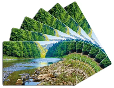 Produktbild von Wallario Frühstücksbrettchen 6er Set aus Glas, je 14 x 23 cm, mit rutschfesten Füßen, Motiv Fluss in den Bergen an steinigem Ufer