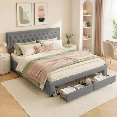 Immagine prodotto di Letto con rete a molle INONEFT, 160x200 cm, con 2 cassetti, struttura imbottita con sistema idraulico per lo spazio contenitivo, letto matrimoniale con contenitore e rete a doghe, colore grigio lino