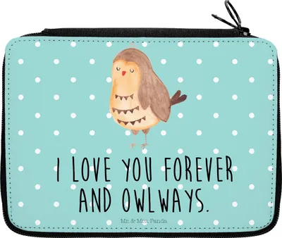 Produktbild von Mr. & Mrs. Panda Mäppchen Eule Zufrieden - Türkis Pastell - Geschenk, Stifteetui, Romantisch, Owl, Hochzeitstag, Bleistiftetui, Etui, Liebesspruch, Schlampermäppchen
