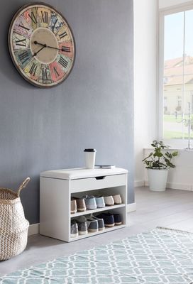 WOHNLING Schuhbank SOFIA mit Sitzfläche Weiß Garderoben-Bank Holz 60 x 40 x 30 cm | Holzbank klein gepolstert | Sitzbank schmal Flur mit Stauraum | Truhenbank Schuhtruhe Flurmöbel