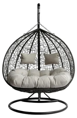 Produktbild von Hängesessel Torn mit Polster und Kissen, 2-Sitzer Polyrattan Hängesessel mit Gestell, Outdoor Hängestuhl für zwei Personen, Hängekorb, Zweisitzer (Grau/Grau)