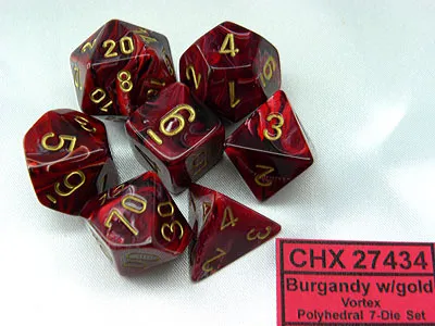 Zdjęcie produktu dla Zestaw kostek Chessex Vortex bordowo-złoty 7 sztuk