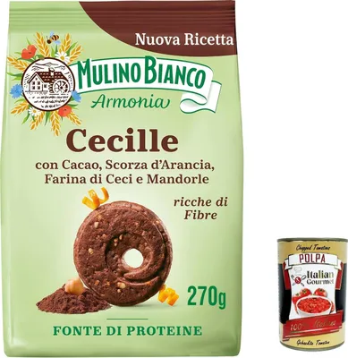 Produktbild von 3x Mulino Bianco Cecille, Mürbeteigkekse mit Kakao, Orangenschale, Kichererbsen- und Mandelmehl, reich an Ballaststoffen, Proteinquelle, 270g + Italian gourmet polpa 400g