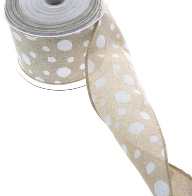 Produktbild von Leinenstrukturband Beige mit weißen Glitzerpunkten und Drahtkante 65mm 10m 93100-65-50
