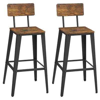 Two industrial-style bar stools with wooden seats and black metal frames are shown against a white background.