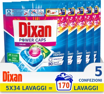 Produktbild von Dixan Power Caps Color Waschmittel Kapseln, 5er Pack (5 x 34 Waschladungen)
