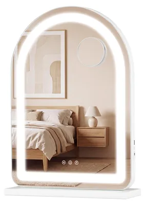 Imagen del producto de Espejo de maquillaje iluminado COSTWAY, espejo de 55x40 cm con 3 tonos de luz, aumento extraíble y control táctil, espejo curvo estilo Hollywood