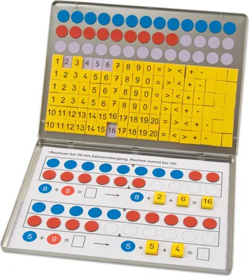 A math learning box with magnetic tiles and worksheets.