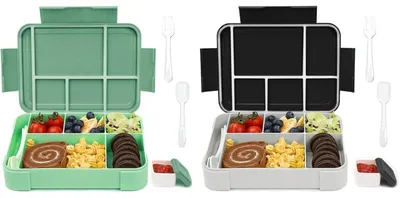 Image de Boîte à repas pour enfants avec compartiments, 1330 ml, lot de 2, boîte à bento étanche avec 6 compartiments, bleu/vert
