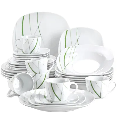 Image de Service de table en porcelaine pour 6 personnes, assiettes plates, assiettes à dessert, assiettes creuses et tasses, passe au micro-ondes, 30 pièces