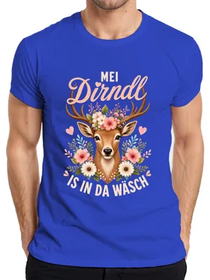 Zdjęcie produktu dla Sukienka ludowa Mei Dirndl, wzór "Reh Kitz Blumen", skórzane spodnie, koszulka męska, kolor niebieski, rozmiar S