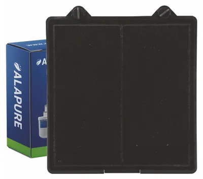 A black activated carbon filter is shown next to its blue packaging box.