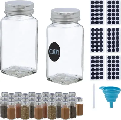 Produktbild von 36er-Set Gewürzdosen aus Glas mit Trichter, Streuern, Etiketten und Stift