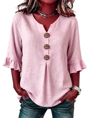 Image de ASKSA - Chemisier pour femmes, en mousseline, style t-shirt, décolleté en V, manches 3/4, chemisier en lin d'été, élégant et décontracté. (Rose, taille S)